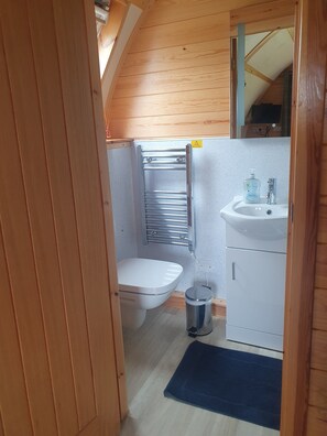 A compact, wooden-paneled bathroom with a white toilet, a sink with a soap dispenser, and a towel rack.