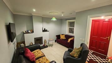 Smart TV, fireplace, books