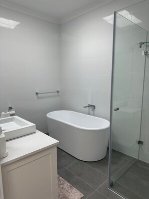 Shower, towels, soap, toilet paper