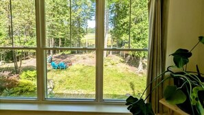 Ein Zimmer mit großem Fenster und Blick auf einen Garten mit blauem Stuhl und Grünpflanzen.