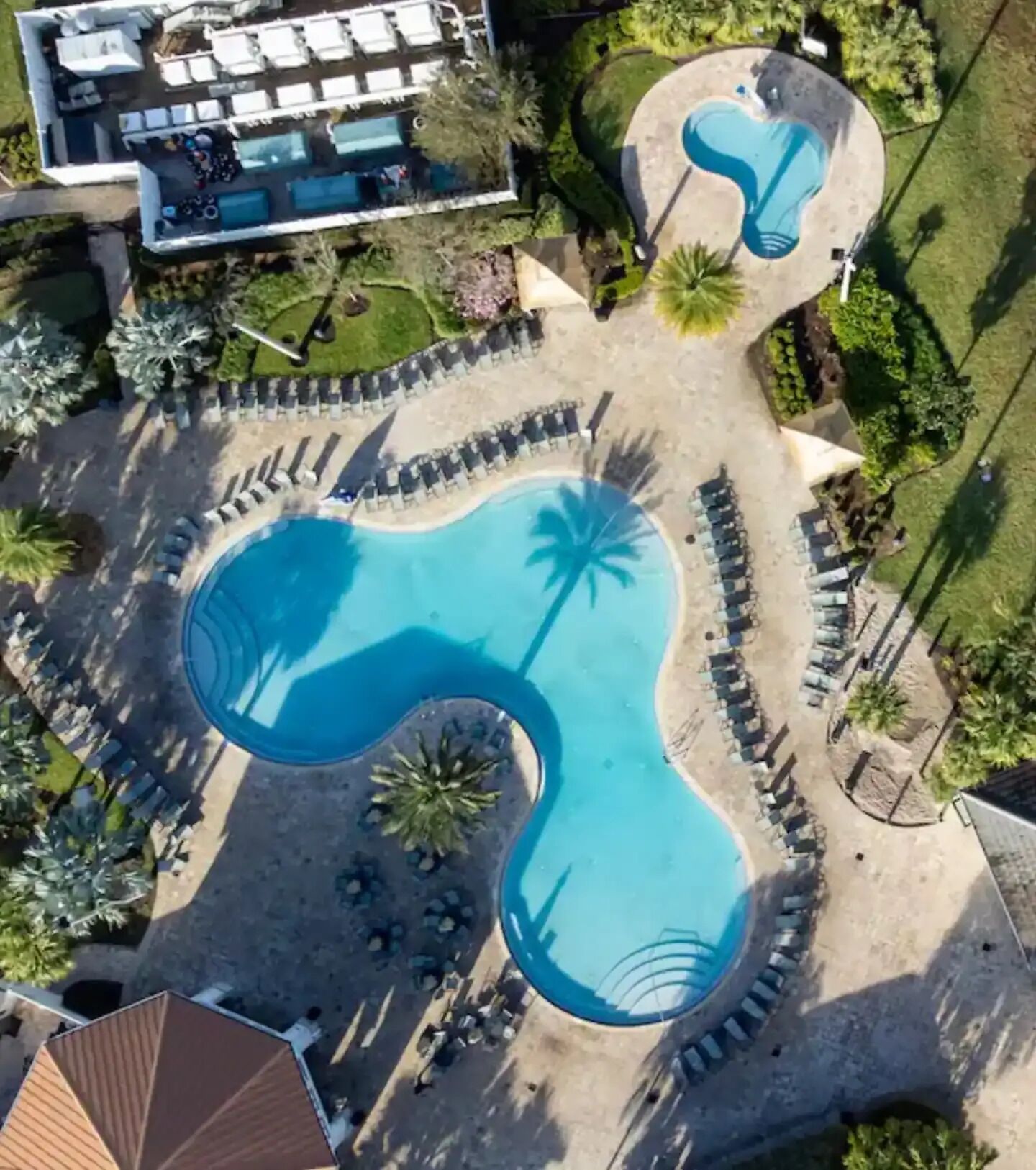Vue aérienne d’un complexe hôtelier doté d’une grande piscine de forme irrégulière, entourée de chaises longues et de palmiers.