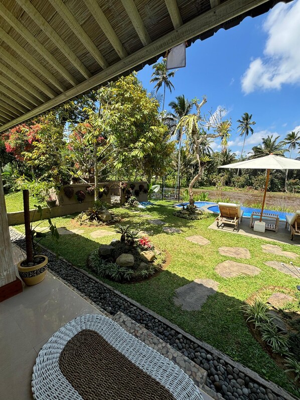 A covered outdoor area with a pool, lounge chairs, and a variety of tropical plants.