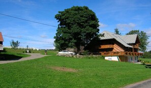 Un entorno rural con un gran árbol, una casa de madera con techo inclinado y un camino pavimentado.