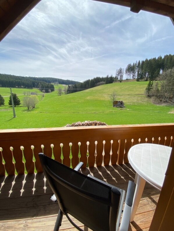 Een houten terras met een tafel en stoelen, met uitzicht op een groen veld en beboste heuvels.