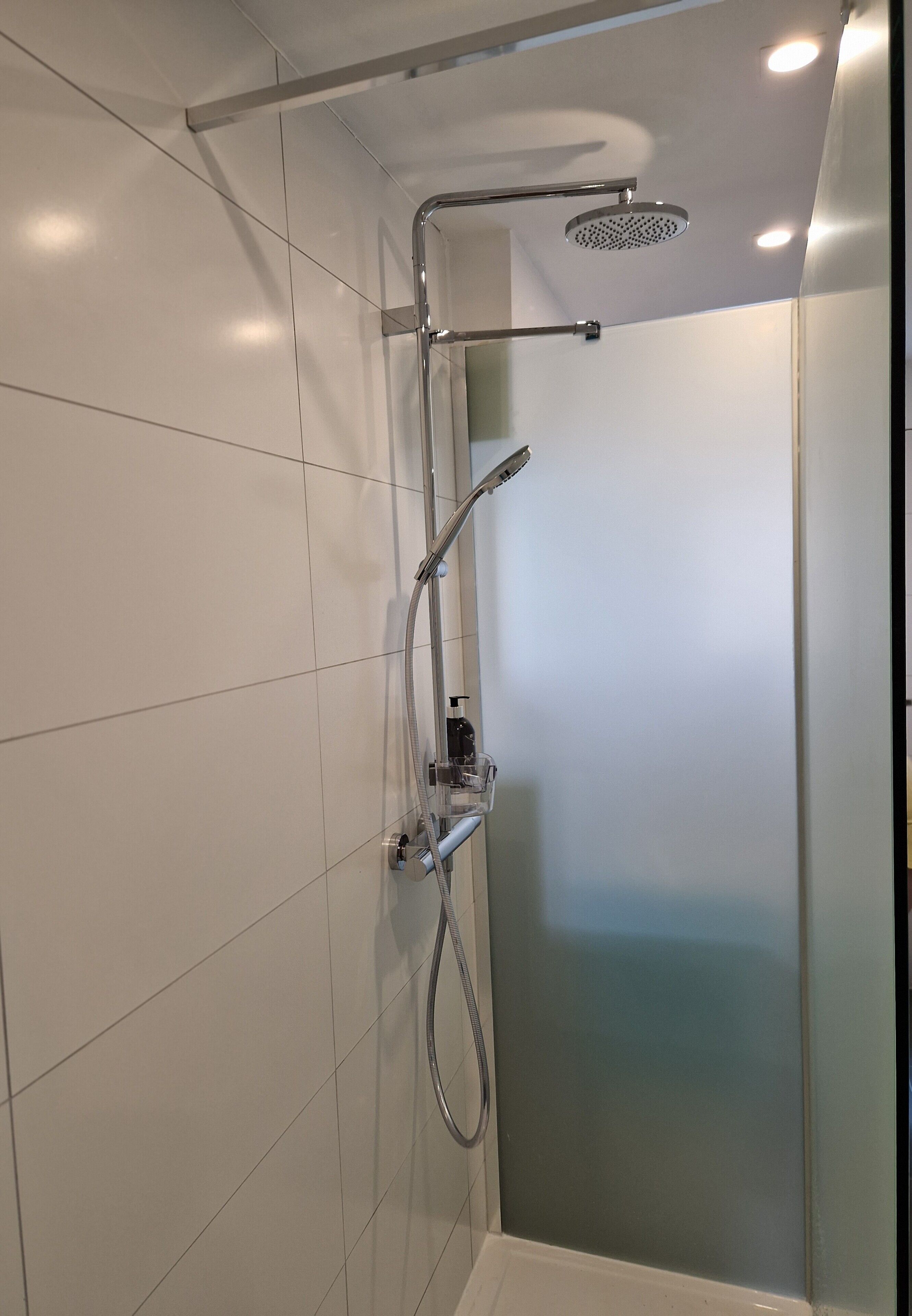 A modern shower with a handheld showerhead and a wall-mounted rainhead, a glass partition, and a control panel.