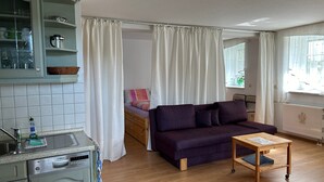A compact room with a kitchenette, a purple sofa, a wooden table, and a window with curtains. - Studio Apartment 'Wohnung 1' with Private Terrace and Wi-Fi (Oberhof)