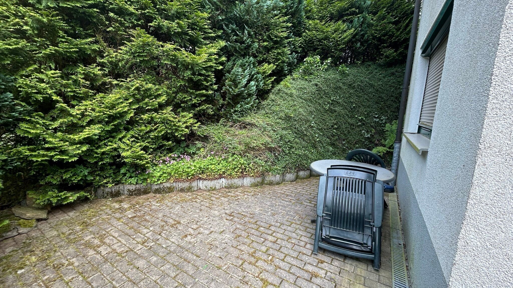 A paved courtyard with a metal chair and a table, surrounded by dense greenery and a building wall.