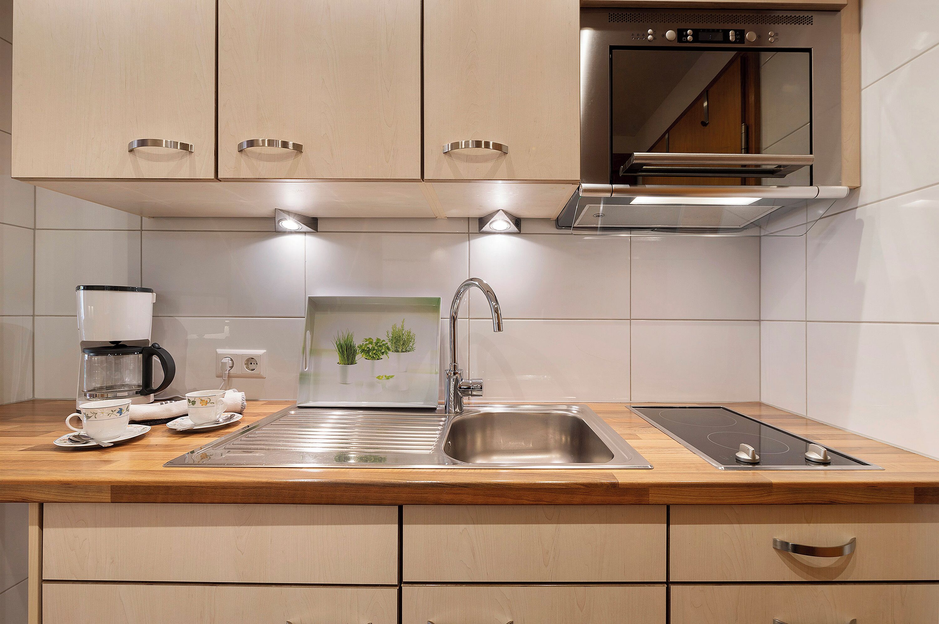 Fridge, microwave, stovetop, coffee/tea maker