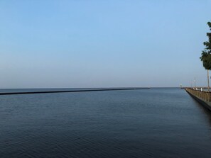 Una orilla tranquila con un muelle largo que se adentra en el agua, bordeado por farolas espaciadas regularmente.
