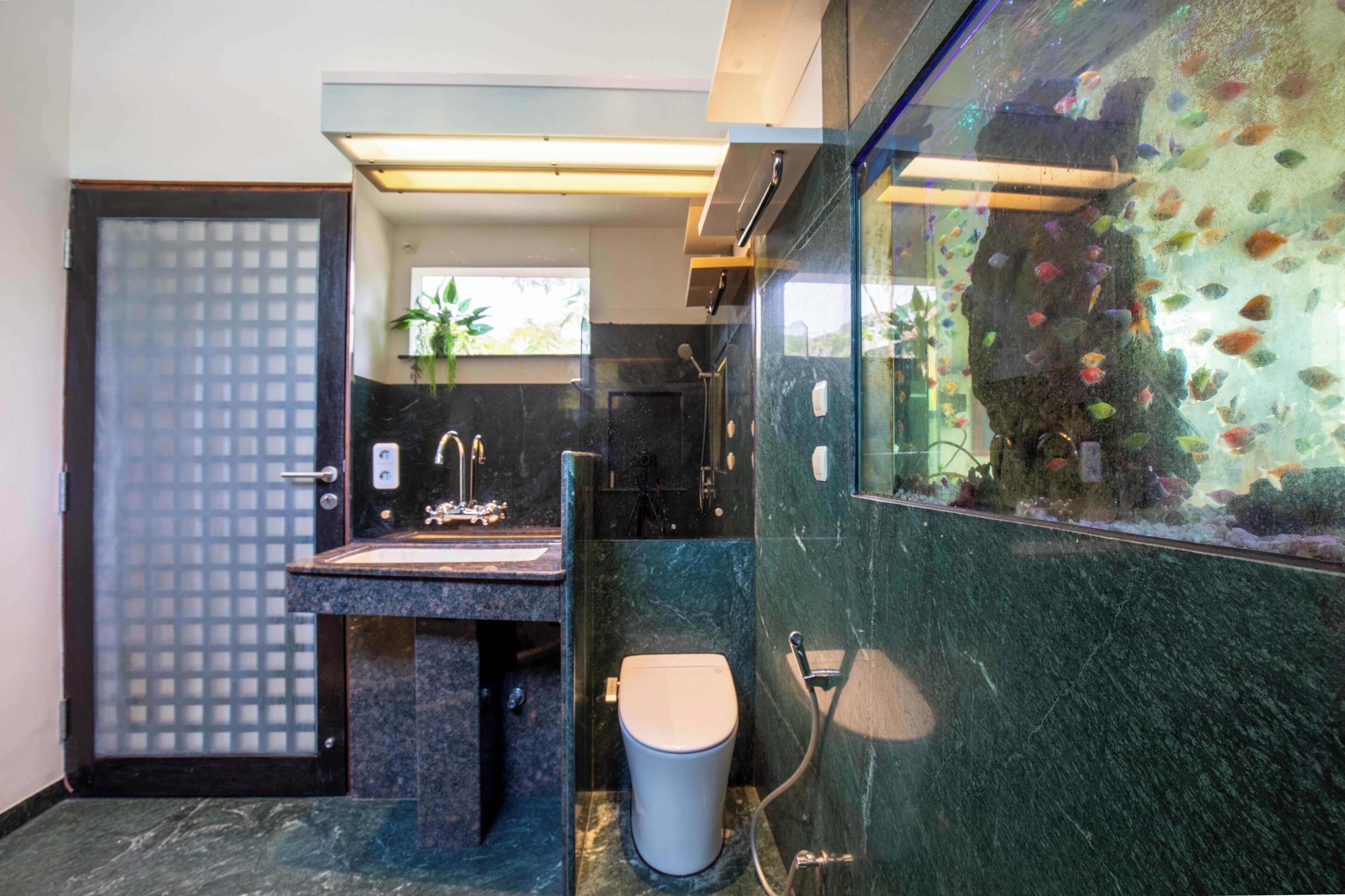 A modern bathroom with a marble sink, a toilet, and a glass enclosure with fish.