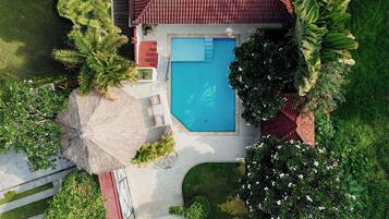 Vista aérea de uma propriedade com piscina, rodeada por vegetação exuberante e um guarda-sol de palha.