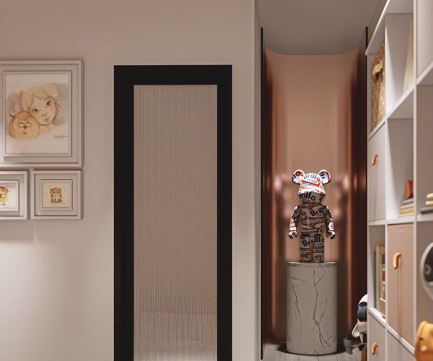 A hallway with framed artwork, a tall striped wall, and a bear sculpture on a cylindrical pedestal.