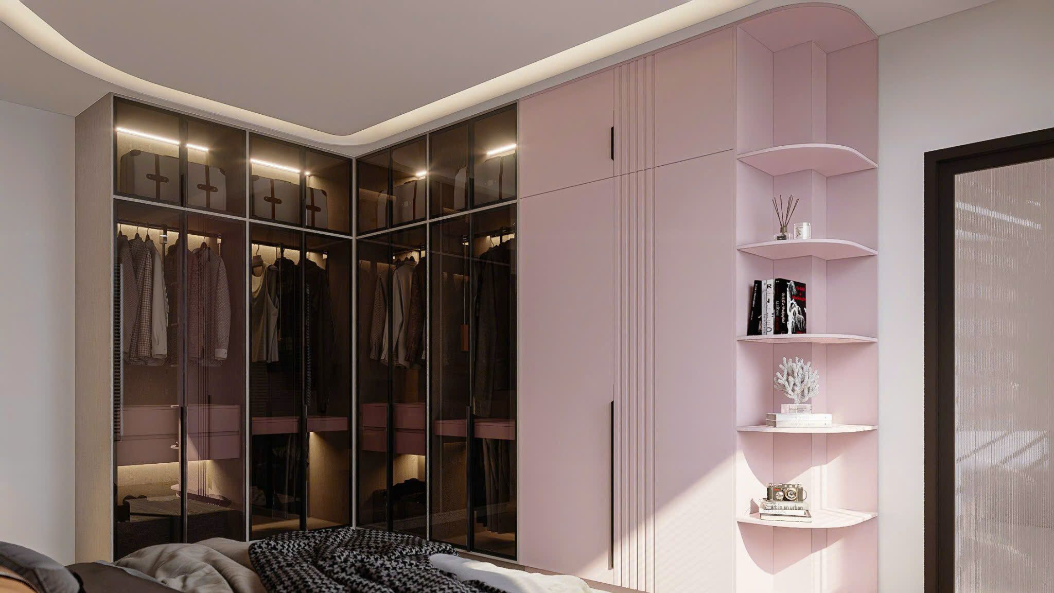 A modern bedroom with a walk-in closet, built-in shelves, and a bed with a patterned blanket.