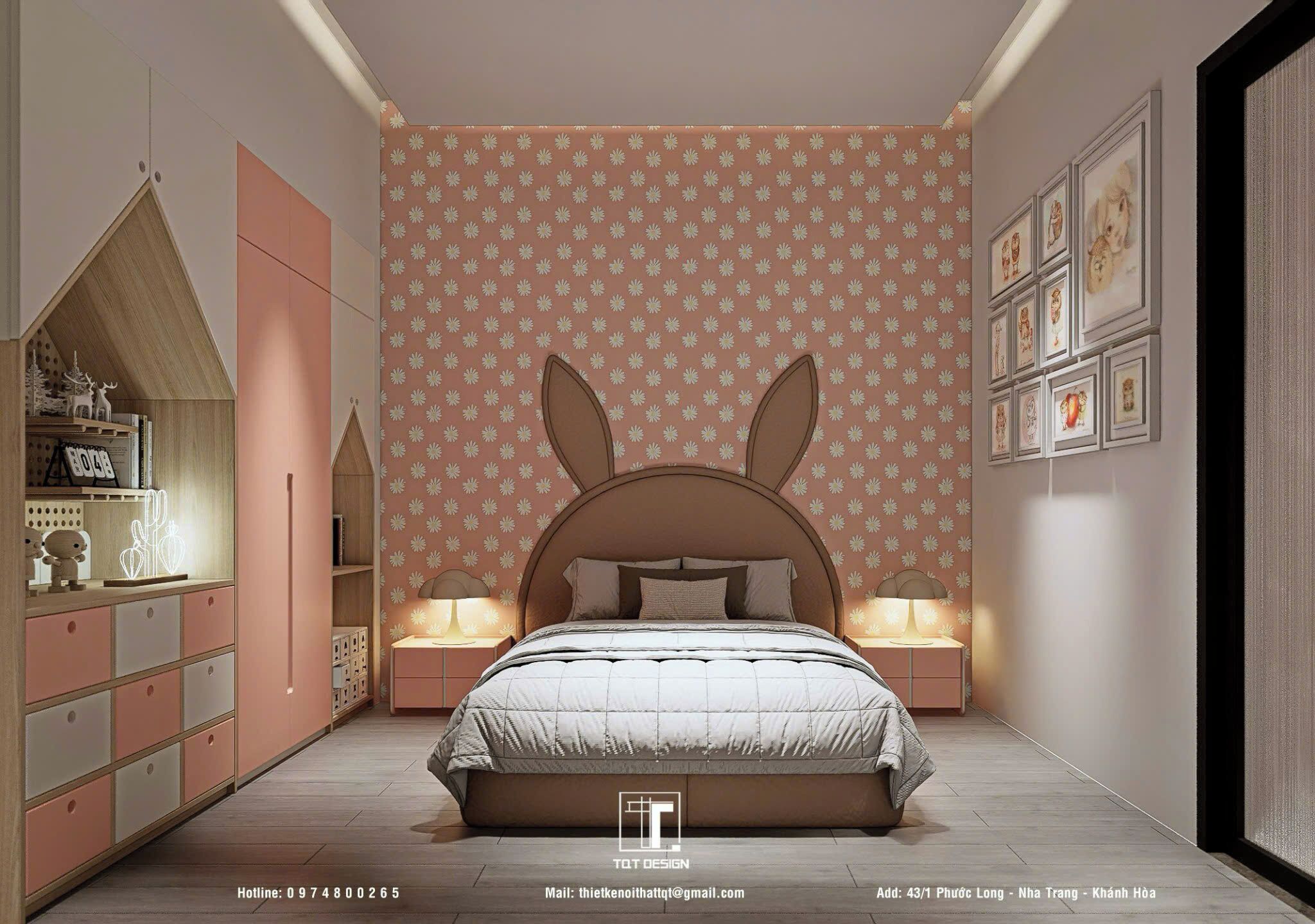 A bedroom with a bed, bedside tables, and a wardrobe.
