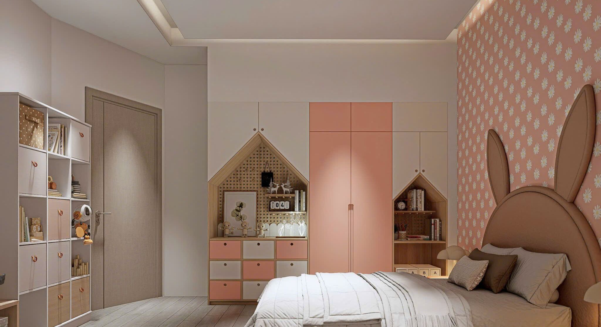 A bedroom with a bed, a wardrobe, a dresser, and a shelf with decorative items.