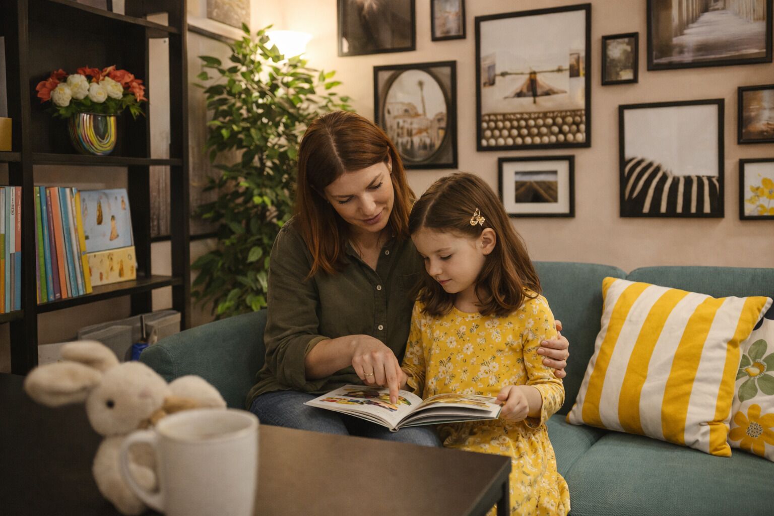 Una mujer y un niño leyendo un libro juntos en un sofá, con una estantería y almohadones decorativos al fondo.