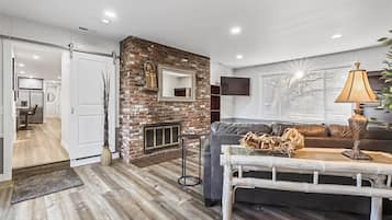 TV, fireplace, books