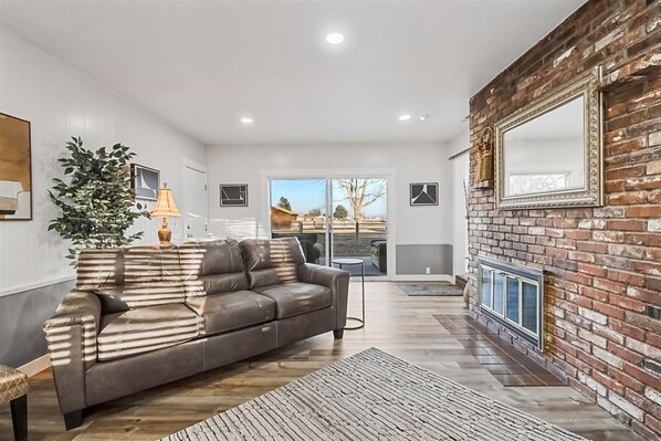 TV, fireplace, books