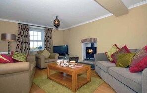 TV, fireplace - Charming Coastal Farmhouse with Sea Views & Garden (Pembrokeshire)