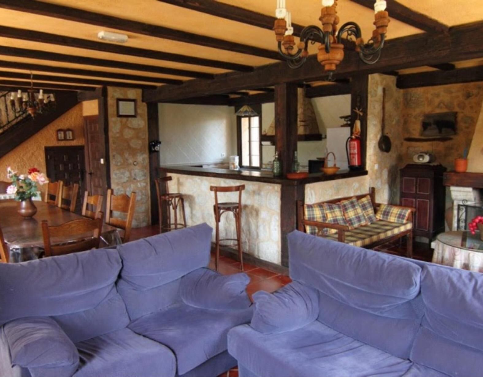 Televisie, een open haard, een dvd-speler en een tafeltennistafel