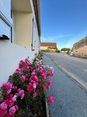 Una strada con un edificio a sinistra e cielo sereno.