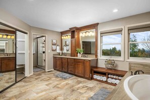 Shower, hair dryer, towels, shampoo