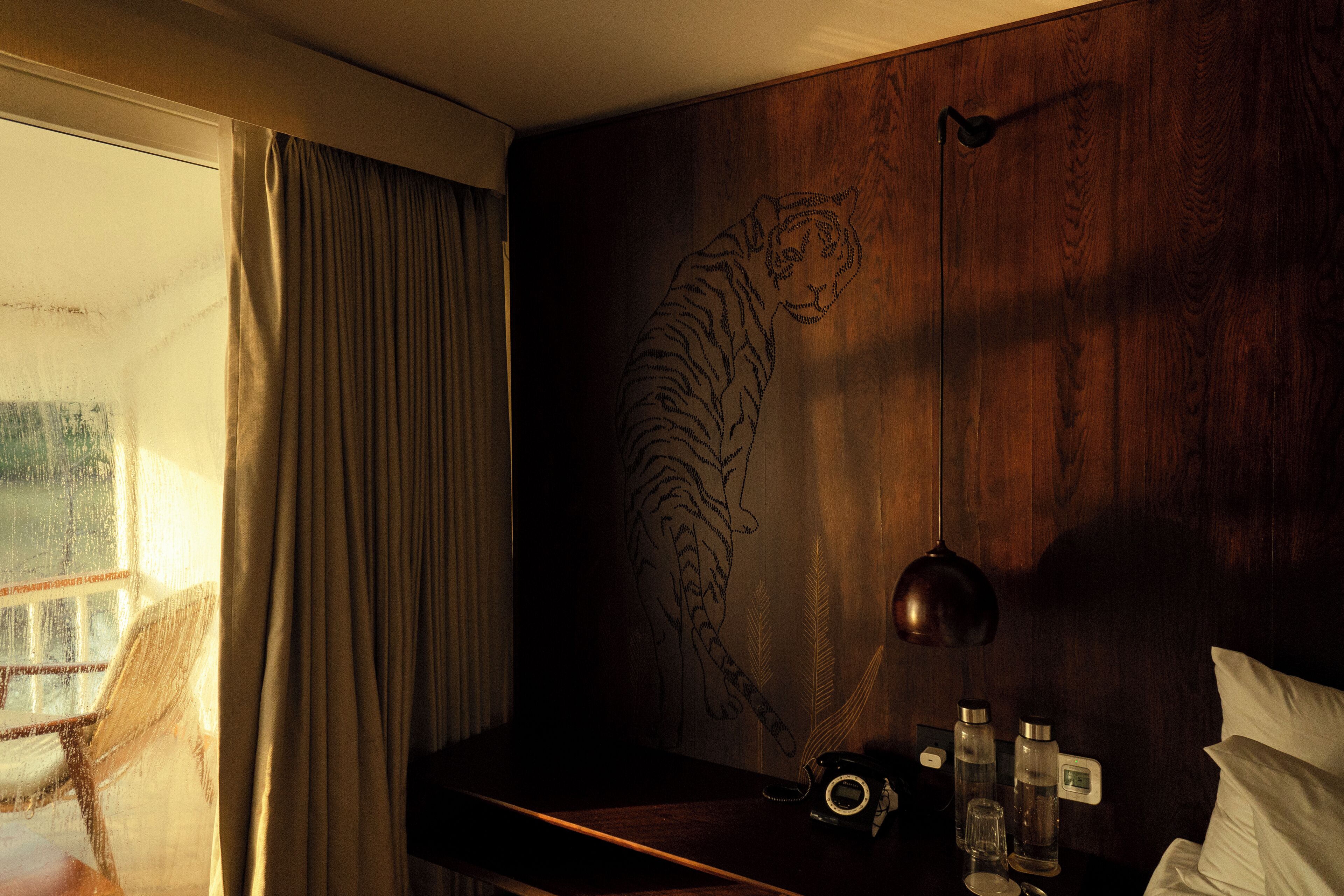A room with a wooden wall featuring a tiger carving, a bedside table with a camera and bottles, and a window with curtains.