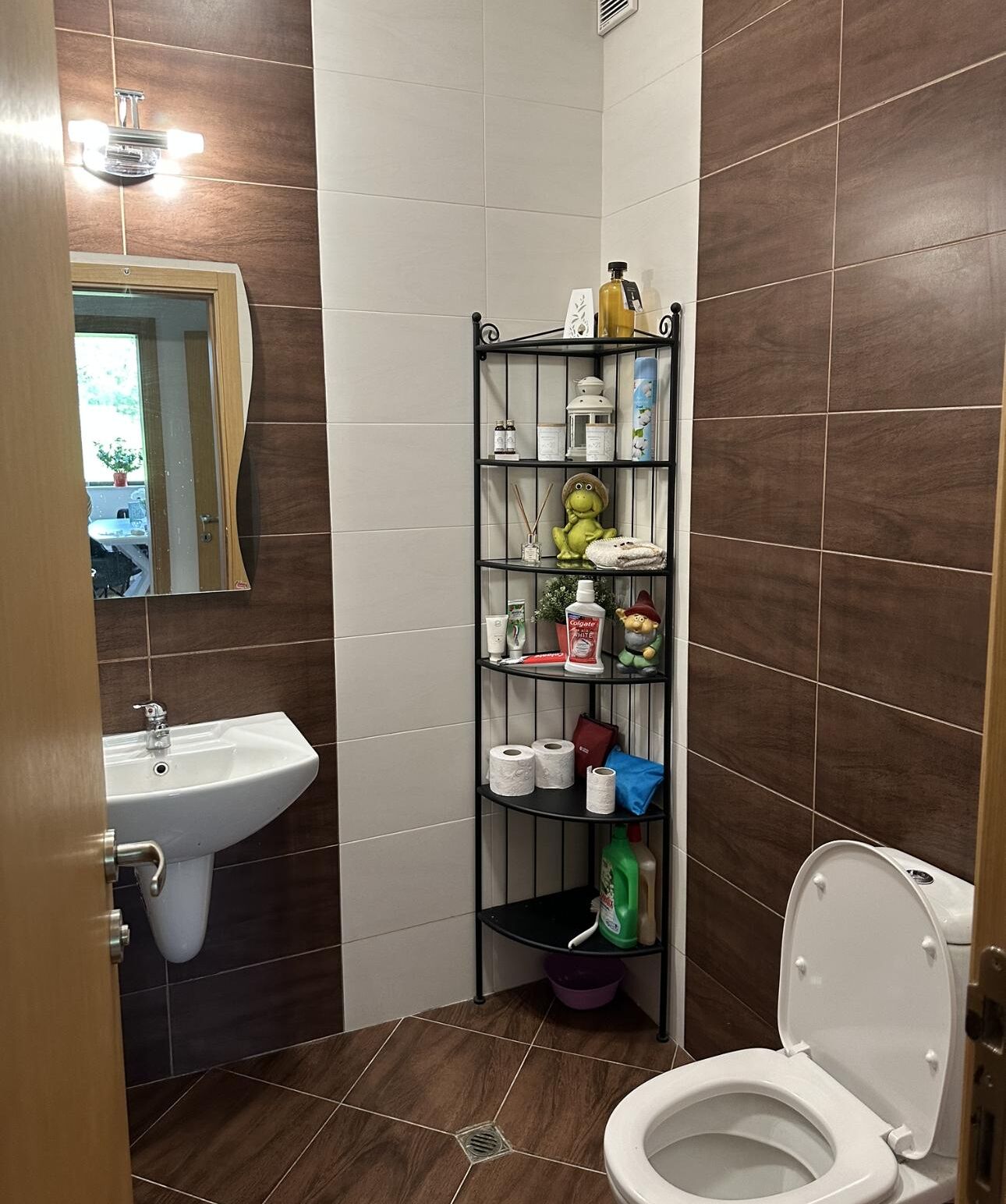 A compact bathroom with a white sink, a toilet, and a shelf with toiletries.