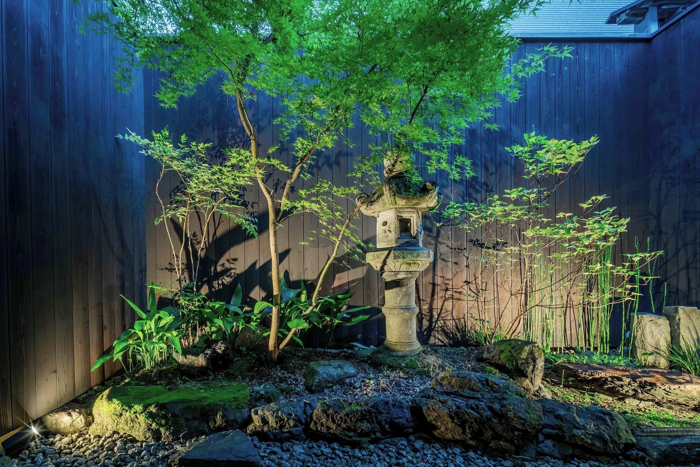 A traditional Japanese garden with a stone lantern, bamboo plants, and a wooden fence.