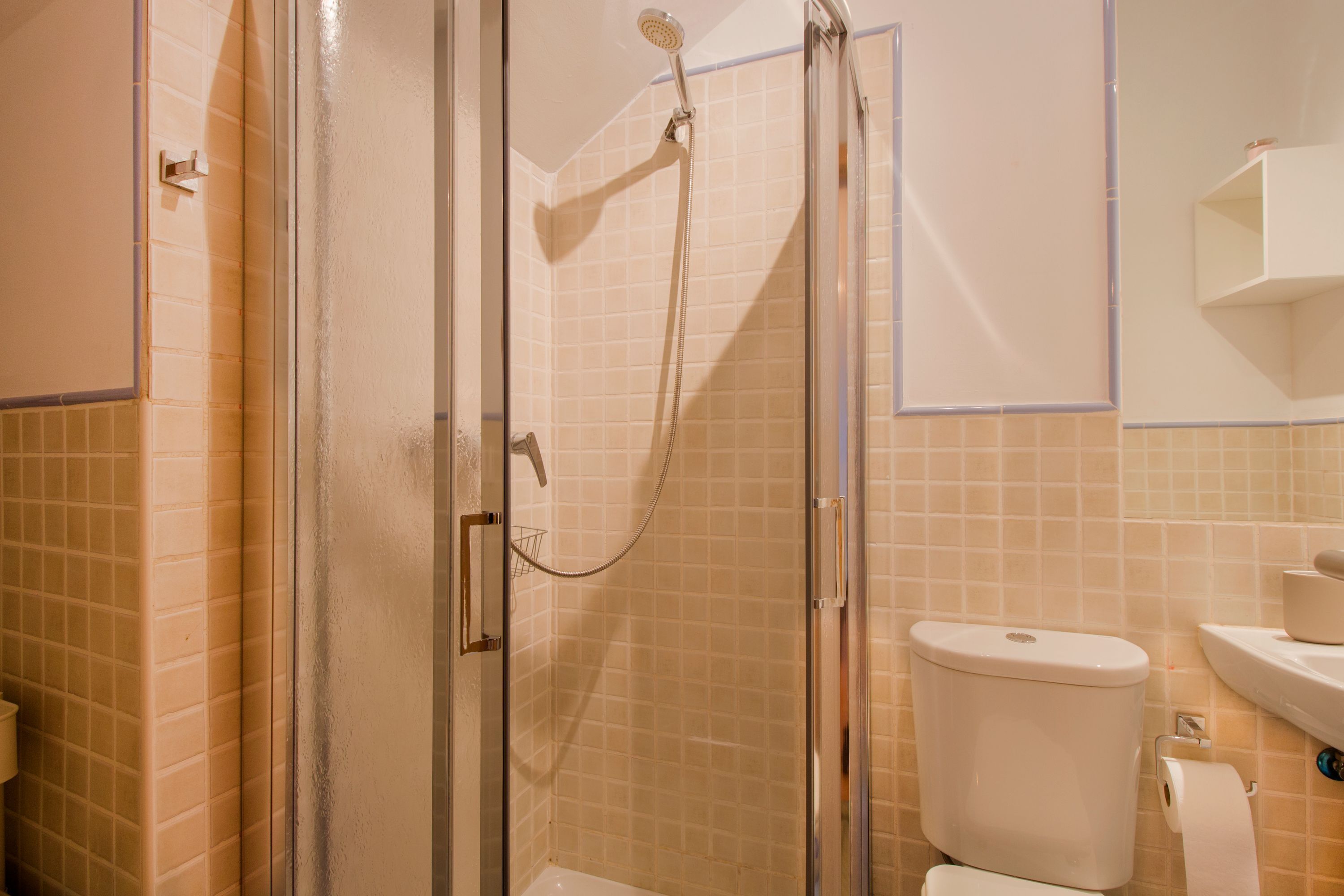 Een badkamer met een douchecabine, toilet en wastafel.
