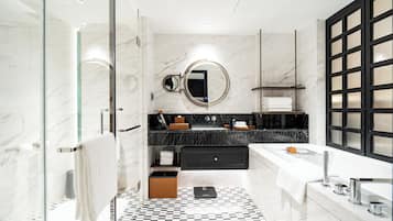 Hair dryer, slippers, towels, soap