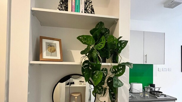 Une cuisine avec un réfrigérateur blanc, un mur vert et une étagère contenant des livres et un tableau encadré.