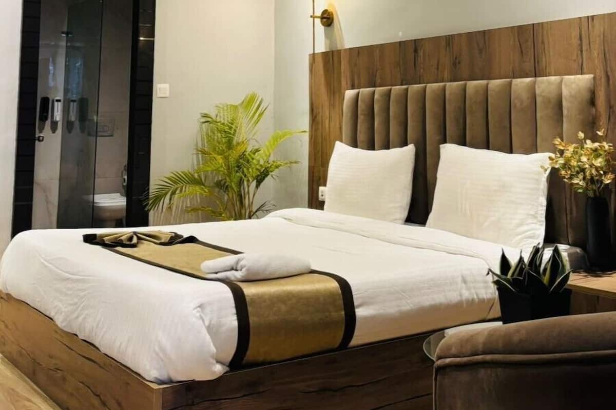 A modern bedroom with a wooden headboard, a large bed with white linens, a bedside table with a lamp, and a potted plant.