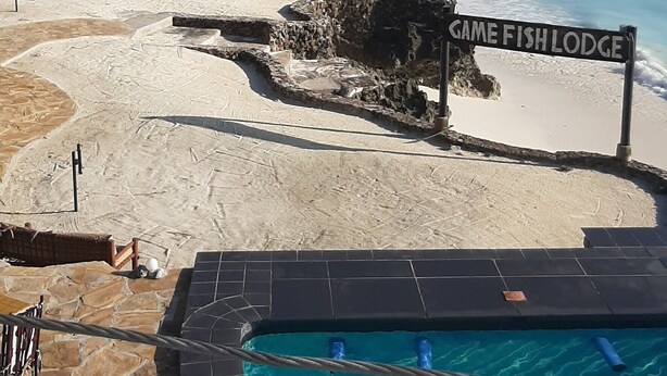 A pool area with clear blue water, a sandy beach, and a sign reading "GAME FISH LODGE". - Game Fish Apartment (Nungwi)