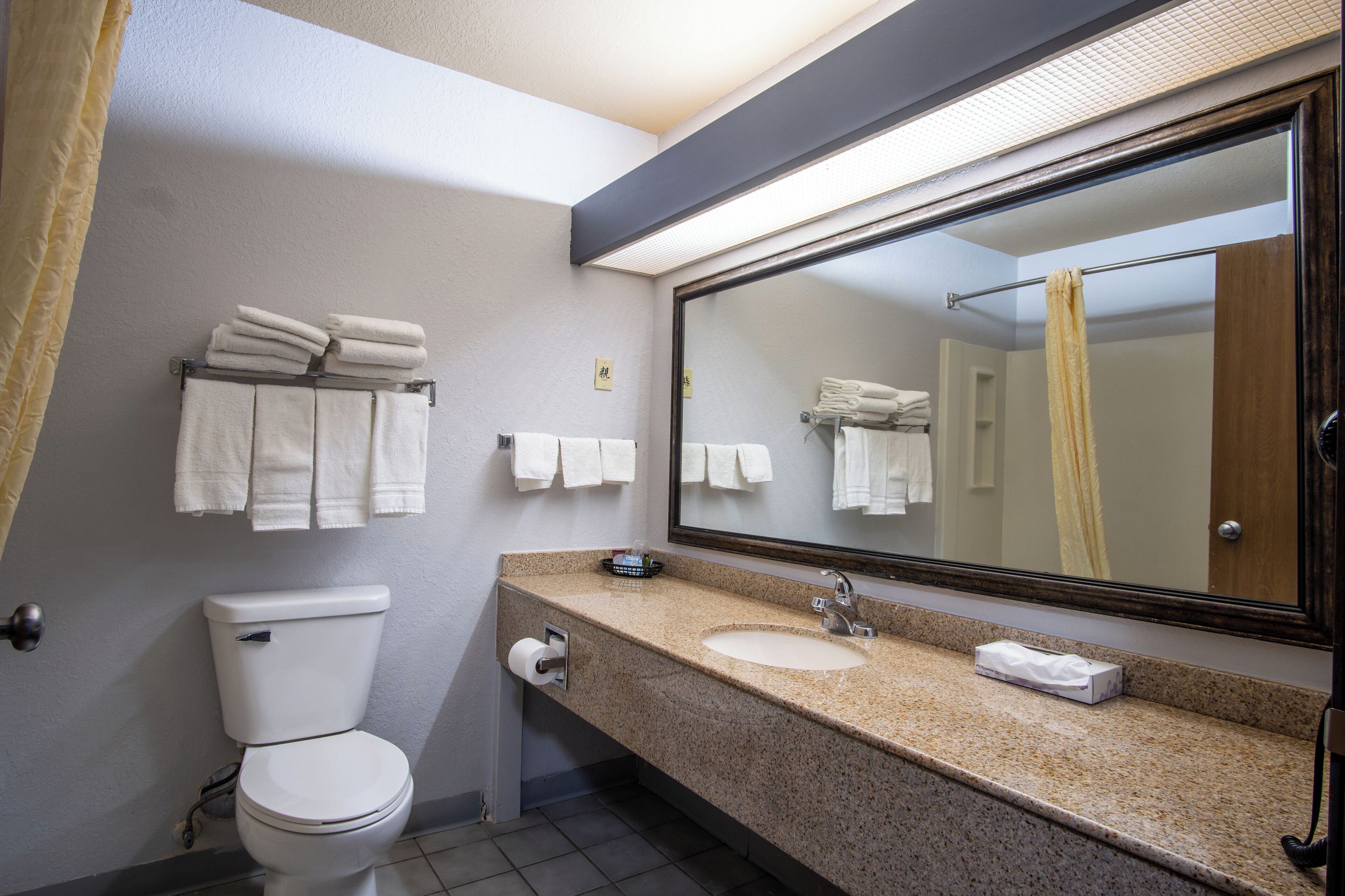 Un bagno con il water, un lavandino e uno specchio. Sono presenti asciugamani a parete e un porta asciugamani.