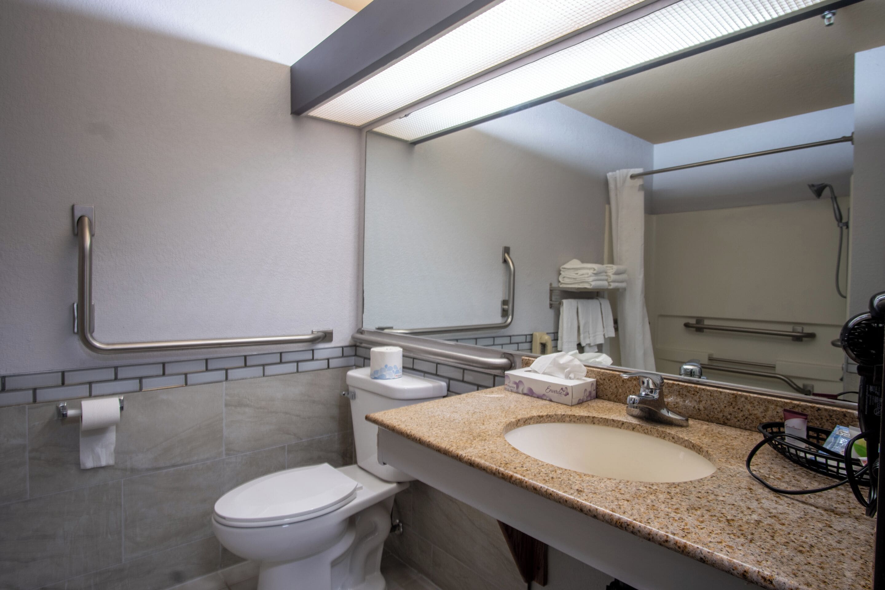 Une salle de bain avec des toilettes, un lavabo et un miroir.