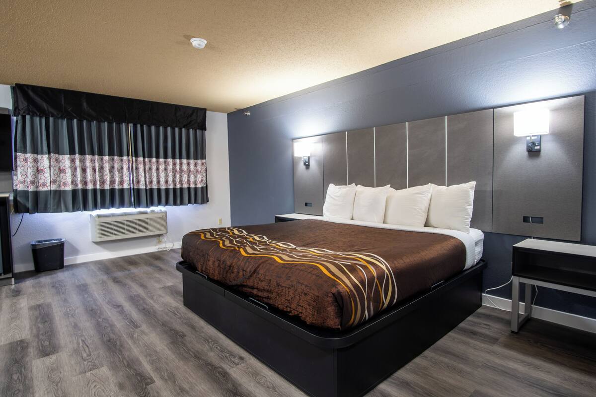 Une chambre d’hôtel moderne avec un grand lit, une table de chevet, une lampe fixée au mur et une fenêtre avec des rideaux.