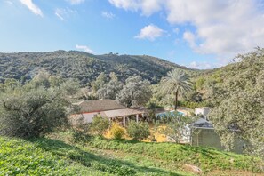 Una casa con techo de tejas, rodeada de abundante vegetación y una colina al fondo.