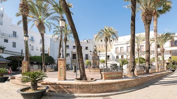 Una plaza con palmeras, una fuente y edificios blancos con balcones.