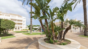 Zona ajardinada con un macizo circular, palmeras y un edificio blanco con balcones.