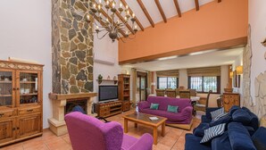 A spacious living room with a stone fireplace, a television, and a variety of seating options including a purple armchair and a blue sofa. - Villa Lina in Estepona (Estepona)