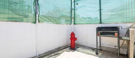 Terraza en la azotea con un hidrante rojo, una parrilla y una malla verde.