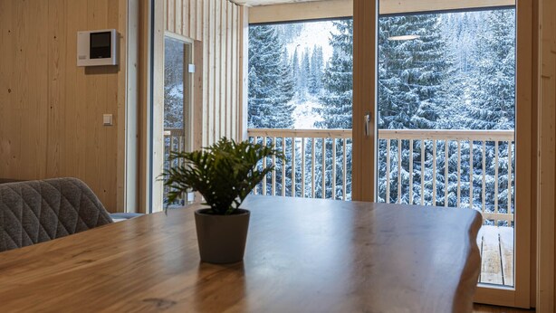 Un intérieur en bois avec une grande table, une plante en pot et une vue sur des arbres couverts de neige, visible à travers une porte vitrée.