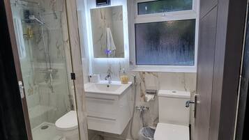 Shower, hair dryer, bidet, towels