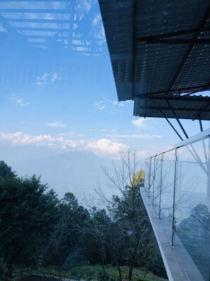 Una vista dall'alto su un paesaggio verdeggiante con alberi e un cielo azzurro limpido.