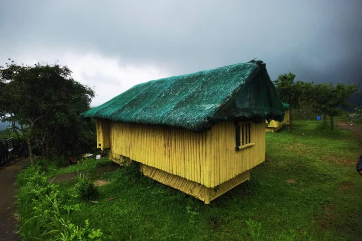 A small, single-story wooden house with a green roof, surrounded by grass and trees.