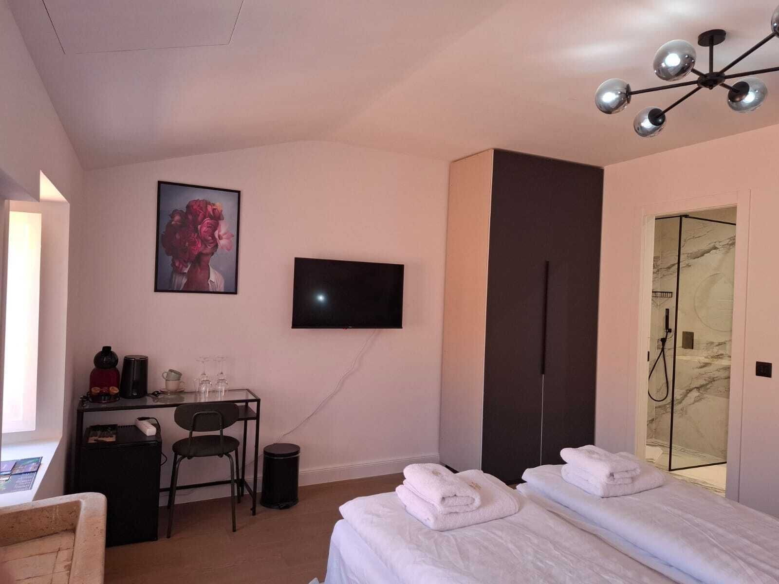 Habitación de hotel con cama, escritorio, silla, televisor y zona de ducha.