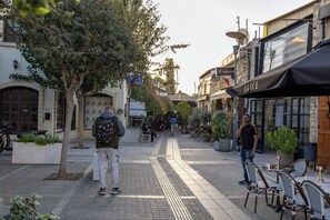 Calle peatonal con terrazas, árboles y edificios con señalización.
