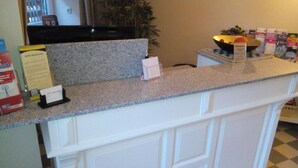 A kitchen counter with a granite top, a white cabinet below, and a small plant on the counter. - Darz Gästezimmer (Hamburg)