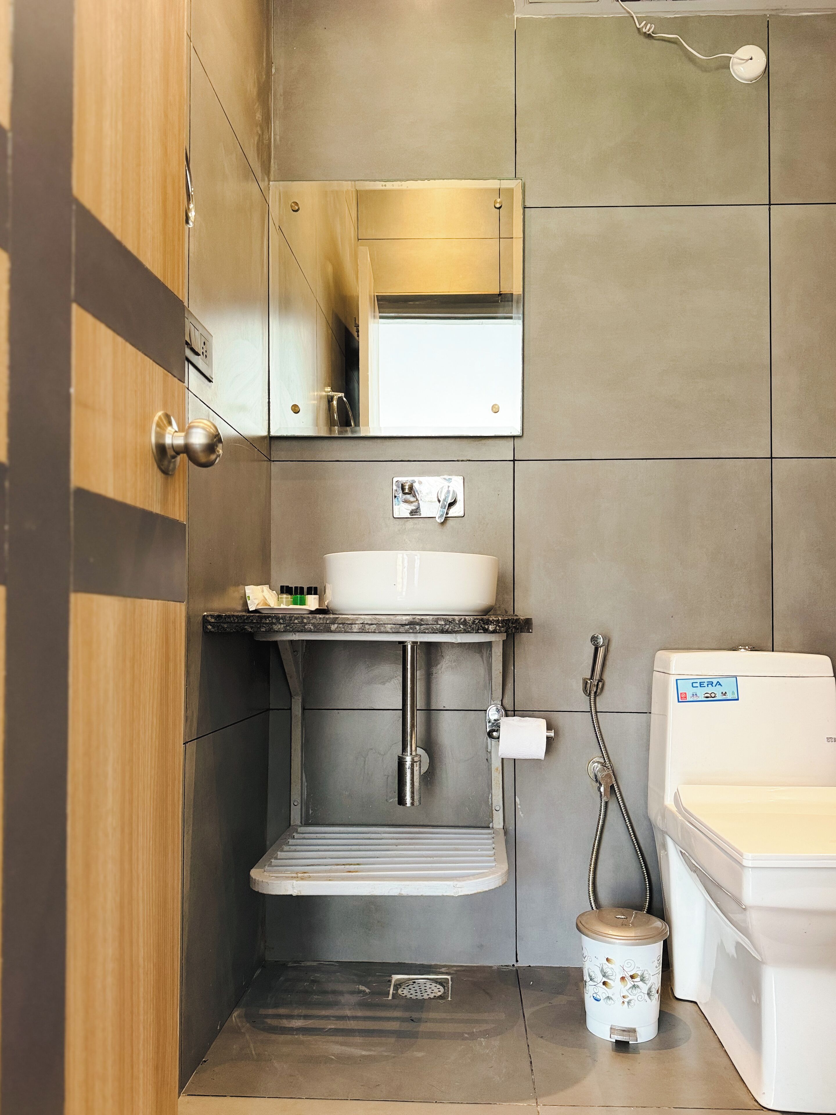 A modern bathroom with a wooden door, a sink with a mirror above it, a toilet, and a shower area.